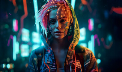 Fototapeta na wymiar Young cool girl with headphones and face paint/make up, cool trendy look, neon, city light at the background, generative ai.