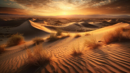 Desert dunes against a rusty orange sky