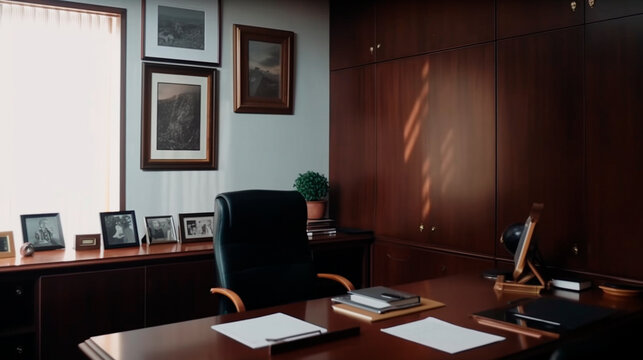 Empty frame on office wall diploma degree certificate credentials image photo poster business chief executive officer ceo cfo cxo promotion portrait work. Generative AI