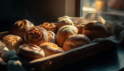 Freshly baked rustic bread on wooden table generated by AI