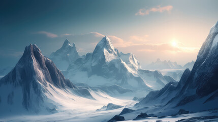 Majestic snow-covered mountains against a pale blue sky