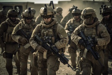 Fototapeta premium Soldiers in action. These soldiers are heavily armed and equipped, wearing full military gear and carrying weapons such as rifles and grenades Generative AI