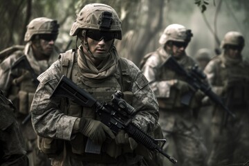 Fototapeta premium Soldiers in action. These soldiers are heavily armed and equipped, wearing full military gear and carrying weapons such as rifles and grenades Generative AI