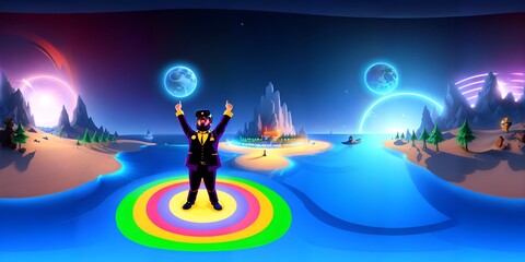 Naklejka premium Photo of a man standing on a vibrant rainbow-colored rug