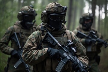 Fototapeta premium Soldiers in action. These soldiers are heavily armed and equipped, wearing full military gear and carrying weapons such as rifles and grenades Generative AI