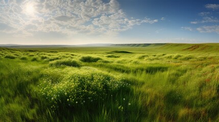 Illustration landscape with green grass and blue sky. generative ai