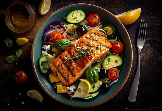 Greek salad with grilled salmon fish. Traditional mediterranean cuisine. Healthy food, diet. Top view. Generative AI