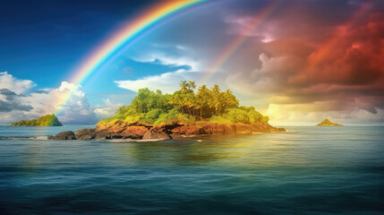 Fototapeta na wymiar Vivid rainbow over a tropical island