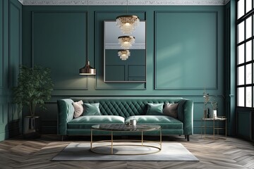cozy living room with green walls and a comfortable couch. Generative AI