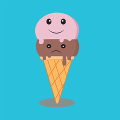 ice cream cone with chocolate.cream with a smile ice-cream.Ice creams isolated on colorful background. Chocolate, Vanilla, Ice cream cone. Ice cream on stick. 
