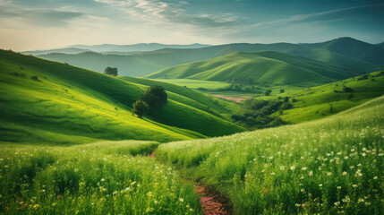 Idyllic nature scene of rolling green hills and vibrant floral fields - obrazy, fototapety, plakaty