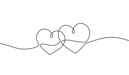 Hearts continuous line drawing. One single hands drawn contour heart for design love print. Symbol love oneline. Black lineart sketch isolated on white background. Romance outline. Vector illustration
