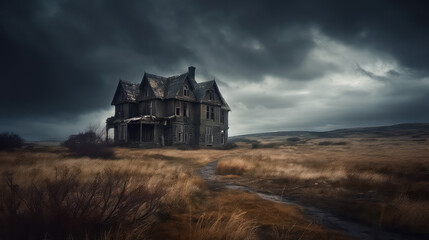 Eerie and mysterious abandoned structure in a haunting landscape