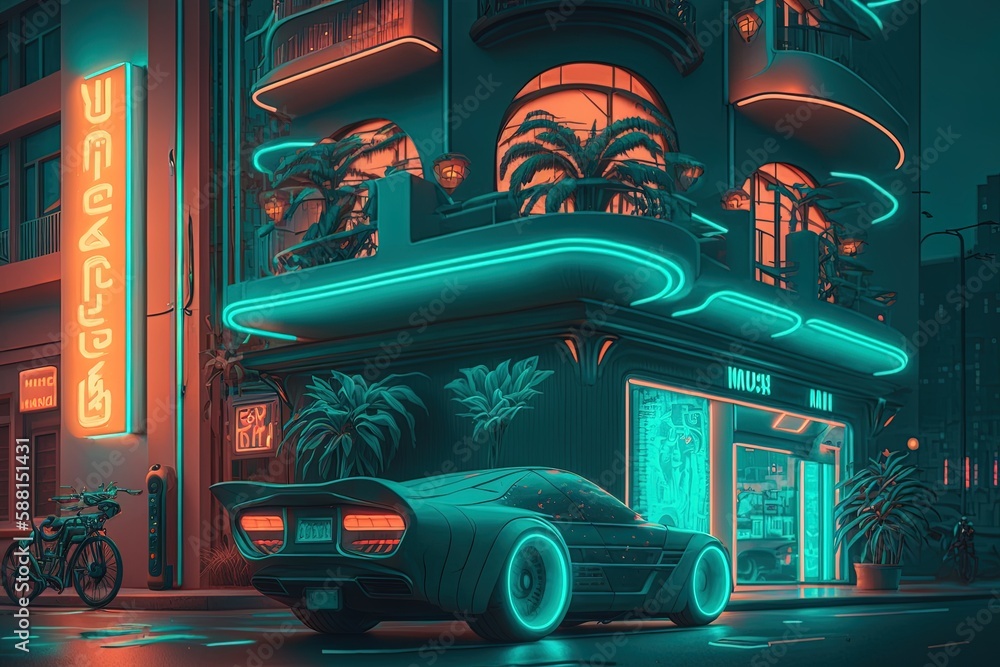 Poster exploring an exotic neon metropolis of the future generative ai