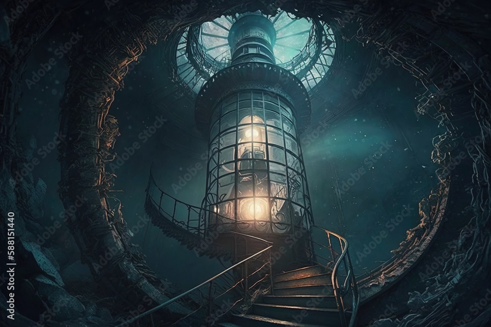 Poster exploring the mysterious depths of a forgotten lighthouse generative ai