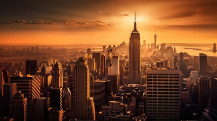 City skyline at sunset with golden hues and towering architecture