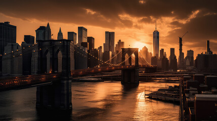 Sunset skyline of city with golden hues