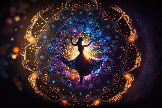 Ethereal Majesty:Cosmic Dance on a Neon Mandala Generative AI