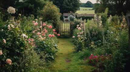 Rustic english country garden with charming flowers and green fields - obrazy, fototapety, plakaty