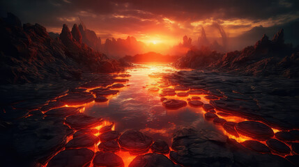 Lava lake in fiery red and orange colors