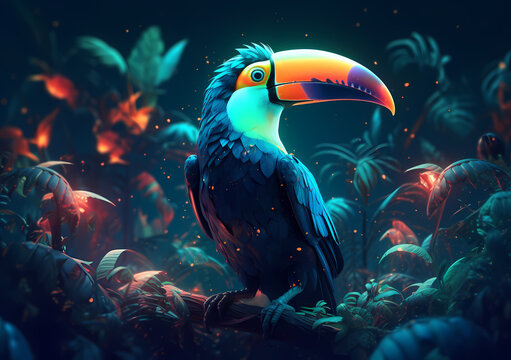 Tropical Bird Toucan In Jungle Abstract Neon Light Sparks