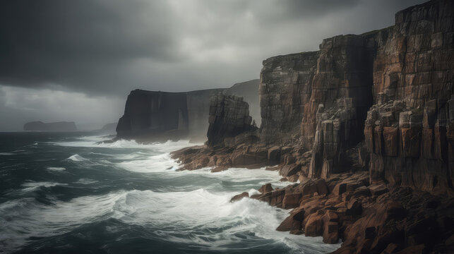 Stormy cliffs with towering rocks against a moody sky