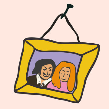 picture in a frame with a man and a woman in a cartoon primitive style.couple in the photo. a man with a mustache, a blonde woman in pink. a picture in a gold frame hanging on a nail in vector. 