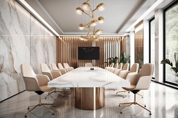 modern conference room with a sleek marble table and comfortable chairs. Generative AI