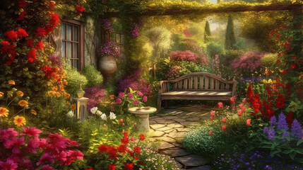 Fototapeta na wymiar Garden Oasis: Beautiful and Relaxing Flowers and Plants Wallpaper