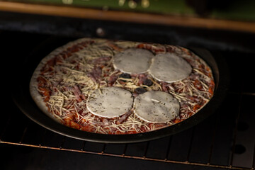 The pizza goes to the oven. Pizza with big circles of cheese. Home cooking.