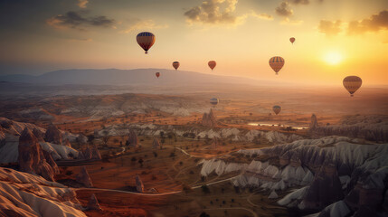 Hot air balloons over a scenic landscape