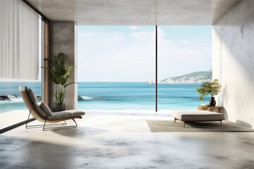 coastal living room with a panoramic ocean view. Generative AI