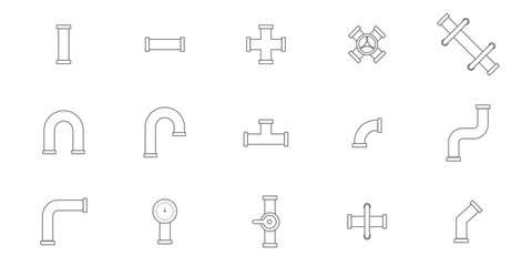 Set of plumbing pipe hardware line icon. Construction connection technical pressure plumbing systems. Silhouette outline vector 512x512 pixels.