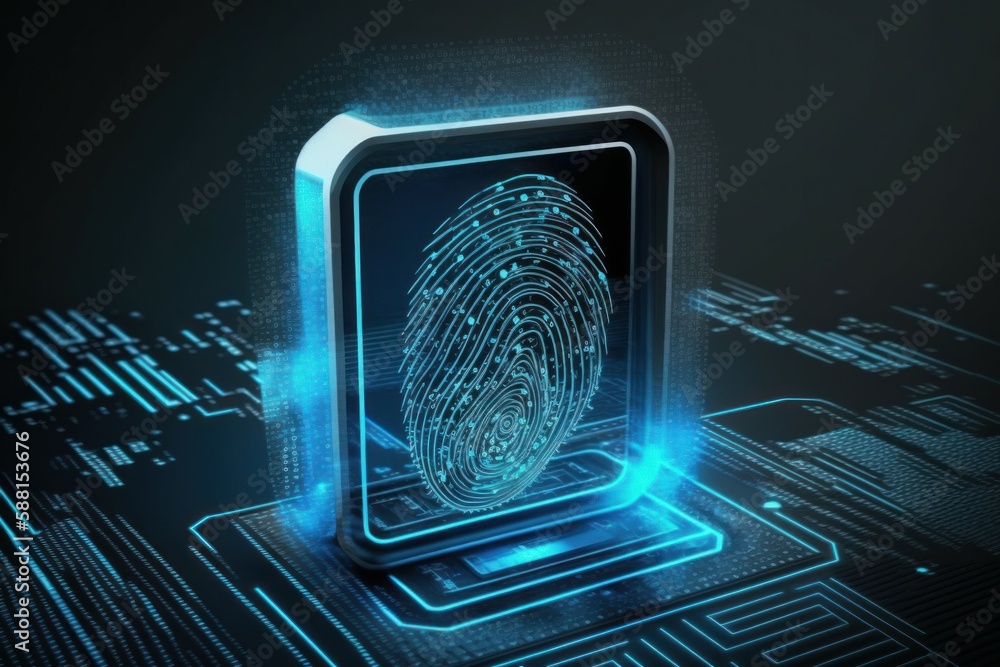 Poster digital biometri, security identify by fingerprint concept. scanning system fingerprint. ai generate