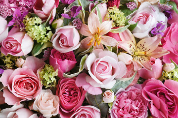 Delicate blooming festive roses and pink summer flowers, blossoming rose flower soft pastel...