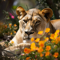 Lioness Resting Amidst Vibrant Flowers