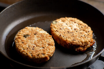 Vegetarian meatballs. Cooking in a pan. Meat alternative food. Cutlets from beans, seeds.