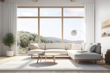 modern living room with a white couch and large window. Generative AI