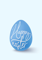 Happy Easter poster. Sale banner for Easter holiday. Blue egg with white calligraphic lettering. Vector illustration template for sale, banner, greeting card, poster, holiday cover, mobile phone, ad.