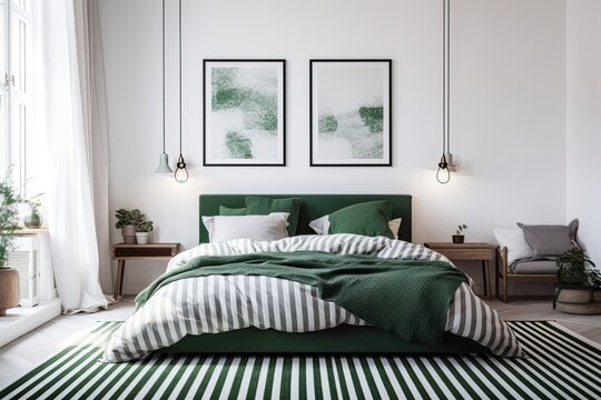 bedroom with a green bed and white walls. Generative AI