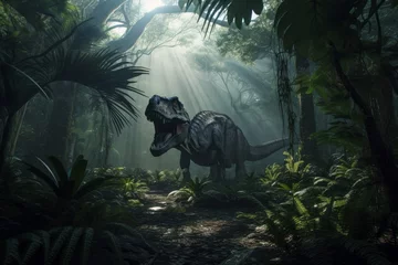 Wandcirkels aluminium Majestic dinosaur in a fantasy landscape. AI generated, human enhanced © top images