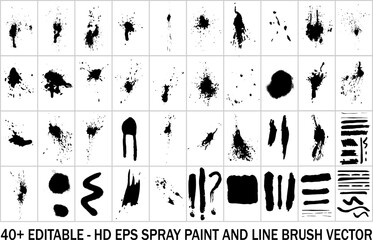 A collection of spray paint brush, line art, splatter patterns, texture, ink drop on vector.
