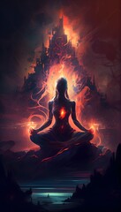 Unleashing Your Inner Superpower A Journey Through Yoga and Meditation with burning flame background, Generative AI