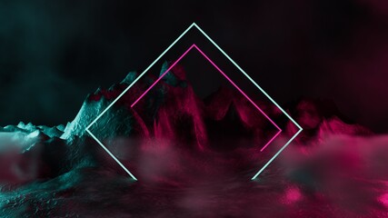 Sci-fi Mystic Futuristic 3d realistic render of an alien planet background with rocks and led light, fog, and clouds. Mystic scenery backdrop with laser lights on a glossy fantasy terrain. Blank space