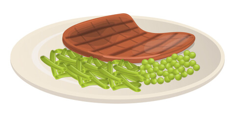 Concept plate beef with salads green peas food vector