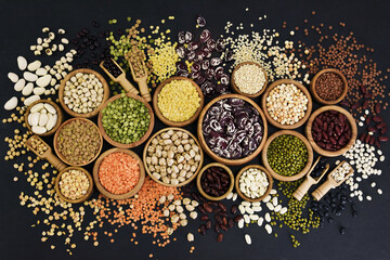 Mix of dry legume varieties: pinto and mung beans, assorted lentils, soyabean, yellow and green peas, chickpea; vegan high protein food for healthy diet	