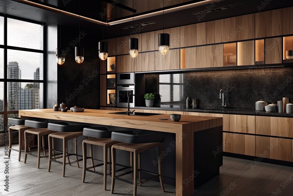 Wall mural spacious kitchen with a rustic wooden countertop and natural light pouring in from a nearby window. Generative AI