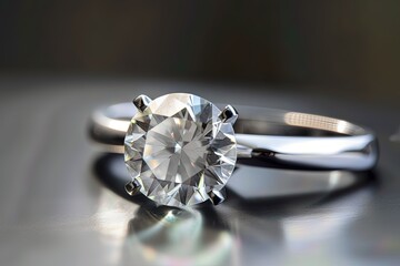 close up of diamond solitaire engagement ring with dark background