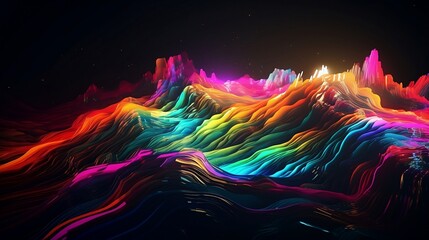 Rainbow Landscape, abstract desktop wallpaper, Neon Multi-colored Line style, black background. Generative AI Art.