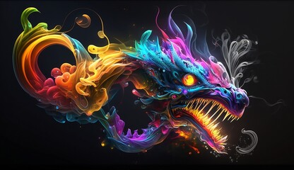 Double Headed Fire Dragon, Abstract Rainbow Neon-Colored generative AI Art, ideal for Wallpaper, black background.